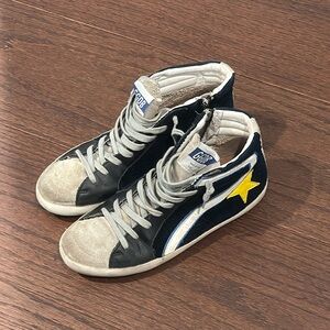 Golden Goose Navy Blue and Yellow Star High-Top Sneakers